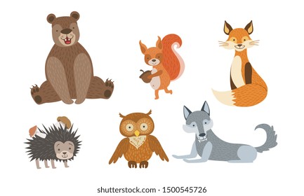 Cute Wild Forest Animals Set, Bear, Squirrel, Fox, Hedgehog, Owl, Wolf Vector Illustration
