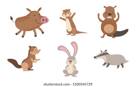 Cute Wild Forest Animals Set, Gopher, Wild boar, Beaver, Hare, Chipmunk, Badger Vector Illustration