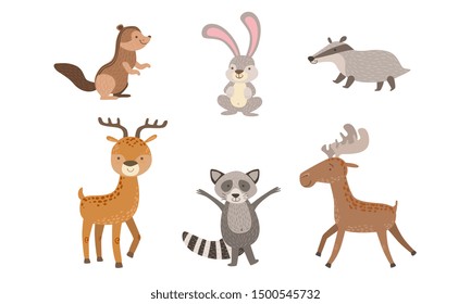 Cute Wild Forest Animals Set, Gopher, Hare, Raccoon, Deer, Elk Badger Vector Illustration