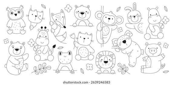 Cute wild forest, jungle, farm animal characters line drawing doodles collection. Cheerful playful fox, bear, frog, pig, monkey, lion, koala, hippo, giraffe, owl bird baby shower vector illustration
