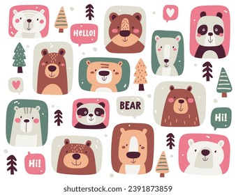 Cute wild forest koala, white, panda, grizzly bear animal character portraits with square frames isolated set vector illustration. Funny baby kawaii sticker with wildlife creature pastel colors