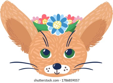 Cute wild fox character resting in spring flower, leaf tree wreath isolated on white, cartoon vector illustration. Springtime mood wildlife animal vixen, blossom decorate head chaplet.
