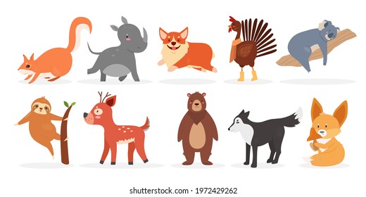 Cute wild furry animal, farm bird and pet vector illustration set. Cartoon rhino squirrel corgi dog rooster deer bear fox wolf sloth koala, baby funny animal character collection isolated on white