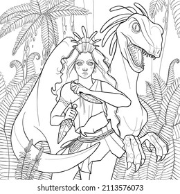 A cute wild girl stands in an attacking position under the protection of her friend velociraptor. Prehistoric world of dinosaurs. Vector line graphics for coloring books