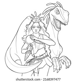 A cute wild girl stands in an attacking position under the protection of her friend velociraptor. Prehistoric world of dinosaurs. Vector line graphics for coloring books