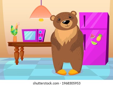 Cute wild grizzly bear standing at home in slippers. Cartoon vector illustration. Brown bear standing in kitchen near refrigerator, microwave oven, wooden table. .Nature, wild animal, zoo, home