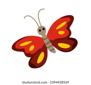 Un insecto salvaje lindo. Pegatina con hermosa mariposa. Icono con bicho volador alado. Elemento de diseño para niños. Huerto divertido o animal salvaje. Dibujo vectorial plano de dibujos animados aislado en fondo blanco