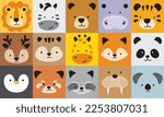 Cute wild jungle animal faces in square blocks vector illustration. Set includes a lion, zebra, bear, hippo, tiger, dear, squirrel, giraffe, fox, panda, penguin, red panda, raccoon, walrus, and koala.