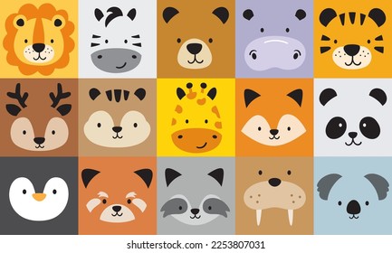 Cute wild jungle animal faces in square blocks vector illustration. Set includes a lion, zebra, bear, hippo, tiger, dear, squirrel, giraffe, fox, panda, penguin, red panda, raccoon, walrus, and koala.