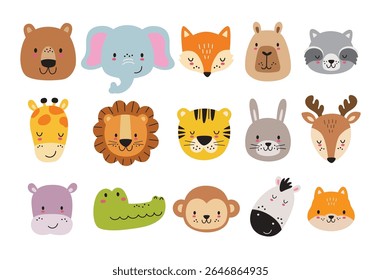 Cute wild jungle animal faces and heads vector illustration. Hand drawn animal face cartoons including a fox, tiger, lion, monkey, giraffe, etc.