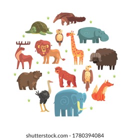 Cute Wild Jungle Animals of Round Shape, Zoo Park Design Element Vector Illustration