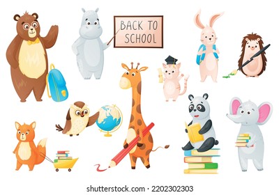 Cute wild kids animals schoolchildren, set of isolated cartoon vector illustrations back to school concept.