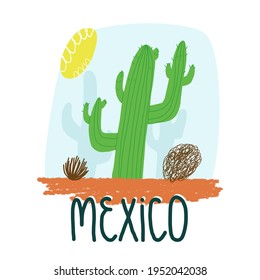 Cute wild landscape scenery with a funny cactus and a tumble grass. Mexico hand lettering. Vector isolated illustration for card design, t-shirt print and other.
