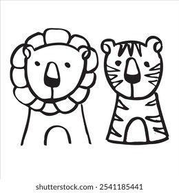 cute wild life lion and tiger hand draw illustration vector 