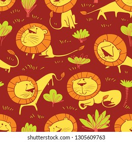 Cute wild  lions background. Seamless pattern with  doodle leo characters. Sketchy style vector illustration for childish objects, t-shirts, textile. African landscape drawing