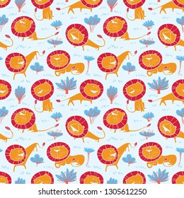 Cute wild  lions background. Seamless pattern with  doodle leo characters. Sketchy style vector illustration for childish objects, t-shirts, textile. African landscape drawing