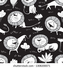 Cute wild  lions background. Seamless pattern with  doodle leo characters. Sketchy style vector illustration for childish objects, t-shirts, textile. African landscape drawing