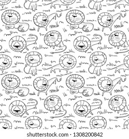 Cute wild  lions background. Seamless pattern with  doodle leo characters. Sketchy style vector illustration for childish objects, t-shirts, textile. African landscape drawing