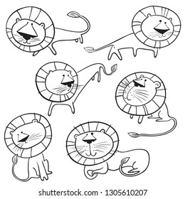Cute wild  lions set. Isolated doodle leo characters. Sketchy style vector illustration for childish objects, t-shirts, textile. 