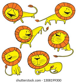 Cute wild  lions set. Isolated doodle leo characters. Sketchy style vector illustration for childish objects, t-shirts, textile. 