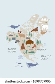 Cute wild North America animals - Vector illustration. Narwhal, walrus, polar bear, grizzly, elk, walrus, raccoon, alligator, beaver. Cartoon doodle characters in scandinavian style for children