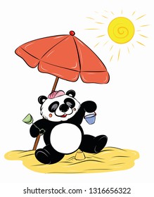 Cute wild panda  taking rest on beach . Vector illustration of funny   panda enjoying summer beach holidays isolated on white background