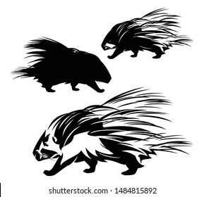 cute wild porcupine walking - side view animal black and white vector outline and silhouette design set