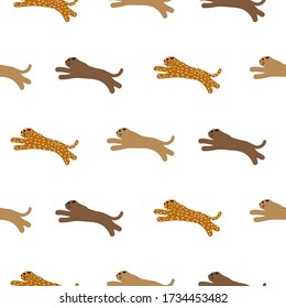 Cute wild puma cat seamless pattern abstract characters. Hand drawn design vector texture. Cheerful cheetah handdrawn style animals.