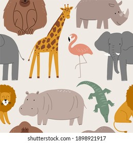 Cute wild safari African animals - Vector illustration. Seamless pattern with Elephant, hippo, giraffe, crocodile, lion, flamingo, monkey. Cartoon doodle characters in scandinavian style for ch