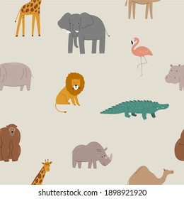 Animales salvajes salvajes de safari africanos - Ilustración vectorial. Patrón sin foco con Elefante, hipopótamo, jirafa, cocodrilo, león, flamingo, mono. Personajes de dibujos animados al estilo escandinavo para