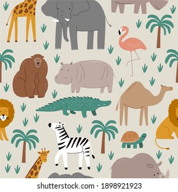 Animales salvajes salvajes de safari africanos - Ilustración vectorial. Patrón sin foco con Elefante, hipopótamo, jirafa, cocodrilo, león, flamingo, mono. Personajes de dibujos animados al estilo escandinavo para