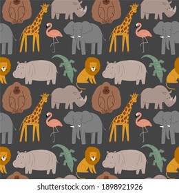 Cute wild safari African animals - Vector illustration. Seamless pattern with Elephant, hippo, giraffe, crocodile, lion, flamingo, monkey. Cartoon doodle characters in scandinavian style for ch