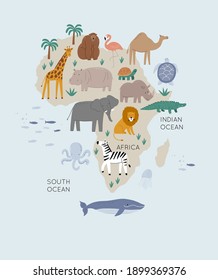 Cute wild safari African animals - Vector illustration. Elephant, hippo, giraffe, crocodile, lion, flamingo, zebra. Cartoon doodle characters in scandinavian style for children