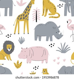 Animales salvajes salvajes de safari africanos - Ilustración vectorial. Patrón sin foco con Elefante, hipopótamo, jirafa, león, flamingo. Personajes de dibujos animados al estilo escandinavo para