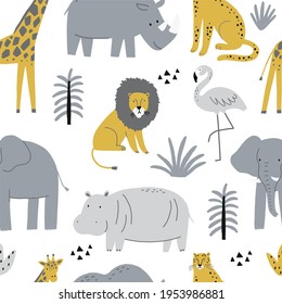 Cute wild safari African animals - Vector illustration. Seamless pattern with Elephant, hippo, giraffe, lion, flamingo. Cartoon doodle characters in scandinavian style for ch