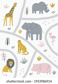 Cute wild safari African animals - Vector illustration. Seamless pattern with Elephant, hippo, giraffe, lion, flamingo. Cartoon doodle characters in scandinavian style for ch