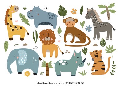 Cute Wild Safari African Animals. Including Lion, Tiger, Giraffe, Elephant, Monkey, Zebra, Rhinoceros, Hippopotamus. Set Of Doodle Characters In Scandinavian Style Isolated On White Background.
