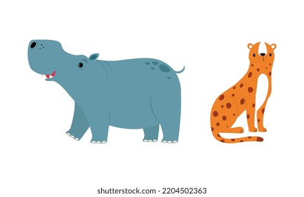 Cute wild safari African animals set. Hippo and leopard jungle animal cartoon vector illustration