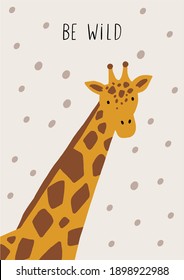 Cute wild safari African giraffe - Vector illustration. Cartoon doodle characters in scandinavian style for children