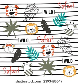 Cute wild safari pattern with lion, tiger, zebra, monkey vector illustration.