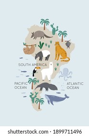 Cute wild South America animals - Vector illustration. Jaguar, armadillo, sloth, tapir, alpaca, toucan, whale, anteater. Cartoon doodle characters in scandinavian style for children