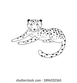  Cute wild spotted leopard cat isolated illustration. Cartoon jungle animal black and white childish graphic drawing Perfect for one colour silk screen printing t-shirt design