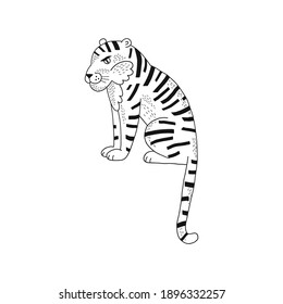  Cute wild stripy tiger cat isolated illustration. Cartoon jungle animal black and white childish graphic drawing Perfect for one colour silk screen printing t-shirt design