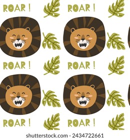 cute wild tropical animal lion and roar seamless pattern. Vector illustration with lion wild jungle animal, tropical plants palm or leaves. 