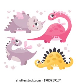 Cute wild vector set with Dinosaur Girls in trendy colors