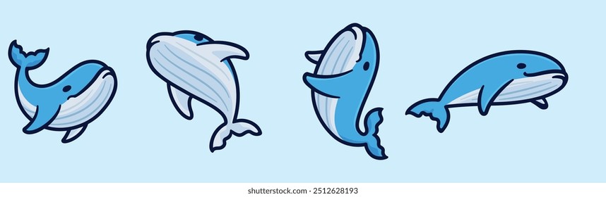 Cute wild whale sea set pack collection cartoon character vector illustration icon