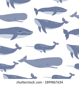 Cute wild Whale - Vector illustration. Cartoon whale, characters in scandinavian style for children. Seamless pattern with whale