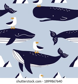 Cute wild Whale - Vector illustration. Cartoon whale, characters in scandinavian style for children. Seamless pattern with whale