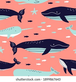 Cute wild Whale - Vector illustration. Cartoon whale, characters in scandinavian style for children. Seamless pattern with whale