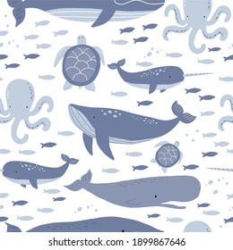 Cute wild Whale - Vector illustration. Cartoon whale, characters in scandinavian style for children. Seamless pattern with whale